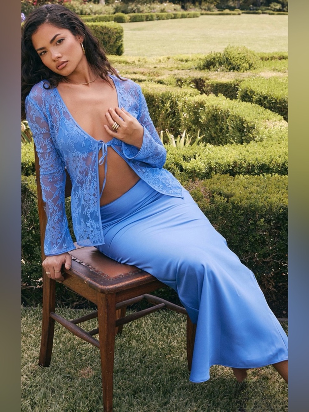 House of CB PHOEBE Blue Lace Tie Front Top 2 pieces - Picture 9 of 13